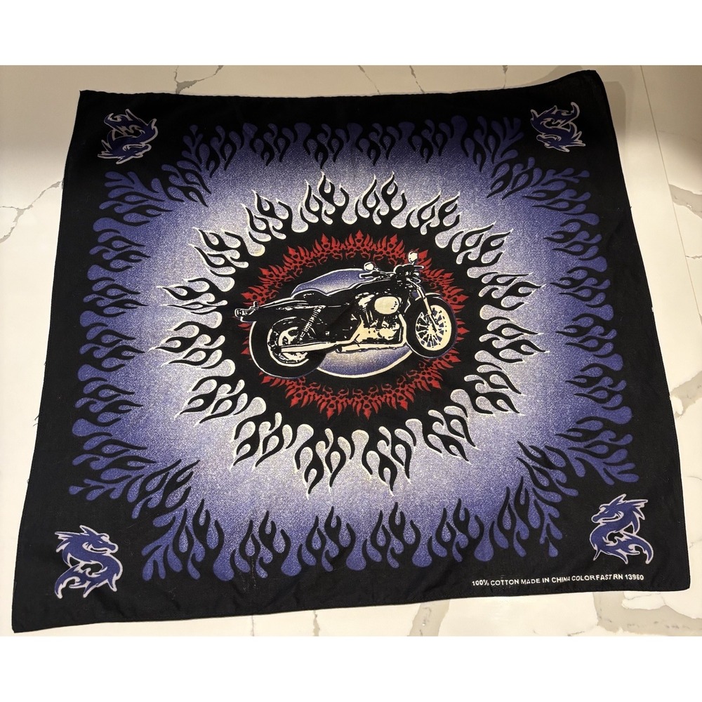 VTG Biker Bandana Black Blue Red Flames Motorcycle Dragon Cotton 90s RN 13960